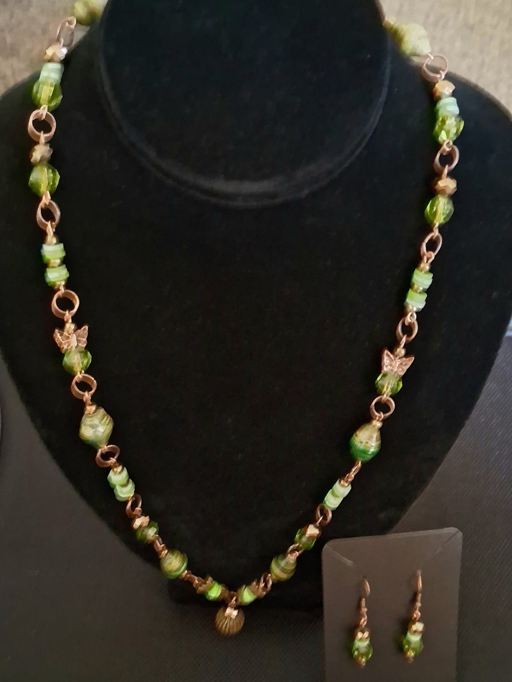 Handmade Copper Toned Green Beaded Necklace and Pierced Earring Set
